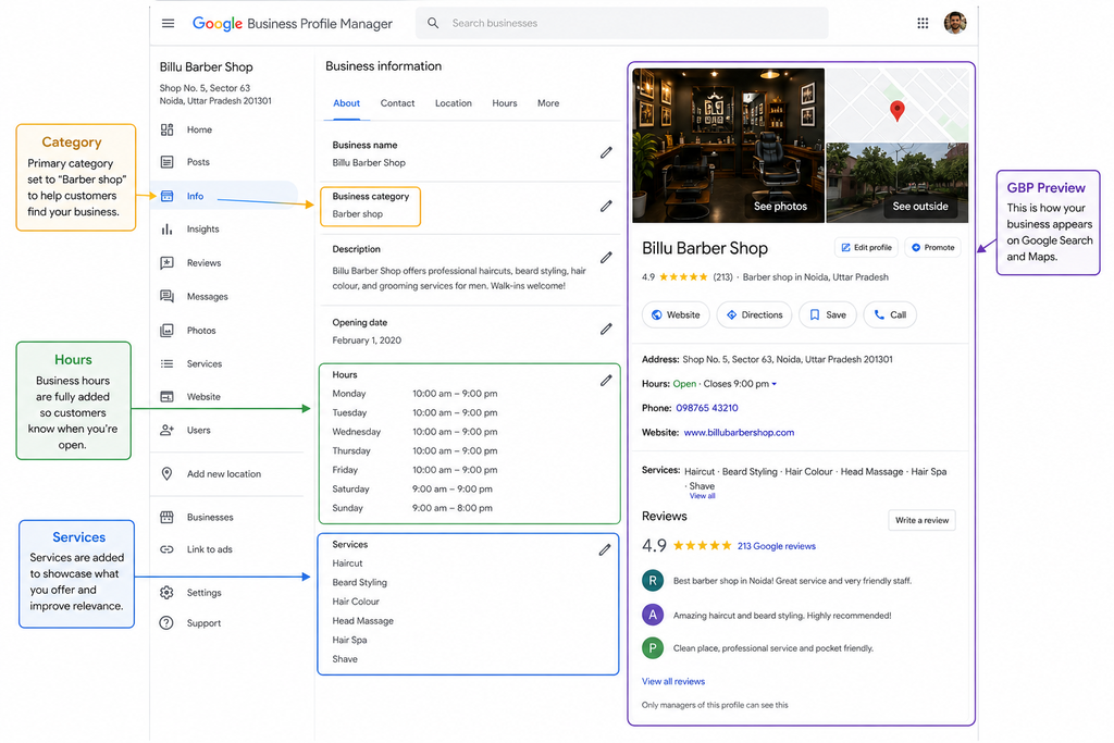 Completed Google Business Profile dashboard showing business information fields